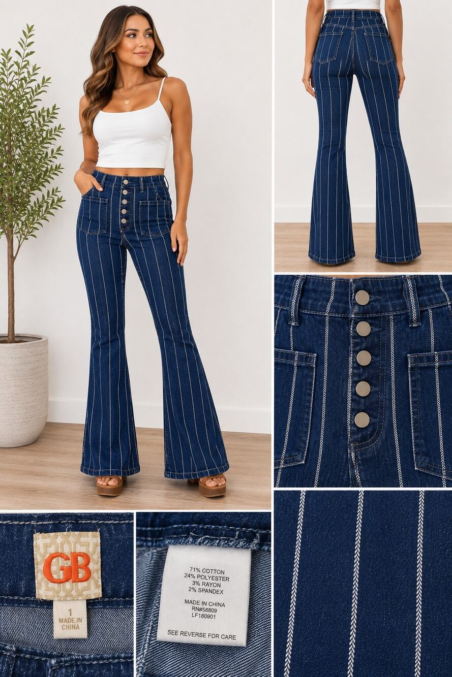 GB Gianni Bini Jeans Women’s 1 Striped High Rise Flare Button Fly Dark Wash